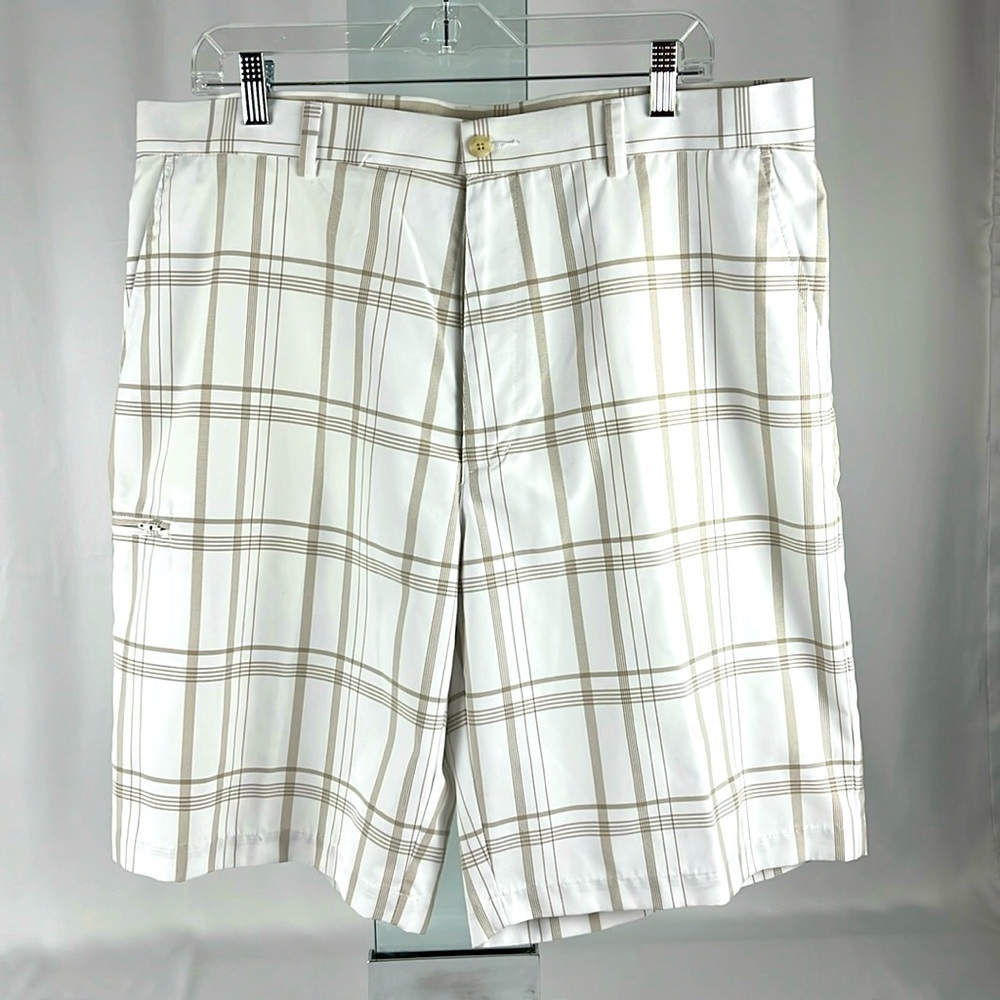 Grand Slam Golf Shorts Mens 38 White Khaki Plaid Performance 360 Stretch